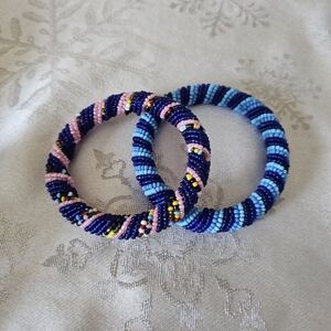AFRICAN Maasai Beaded Bangles  Bracelet Blue & Pink Spiral-Wrapped Set of 2 NWOT